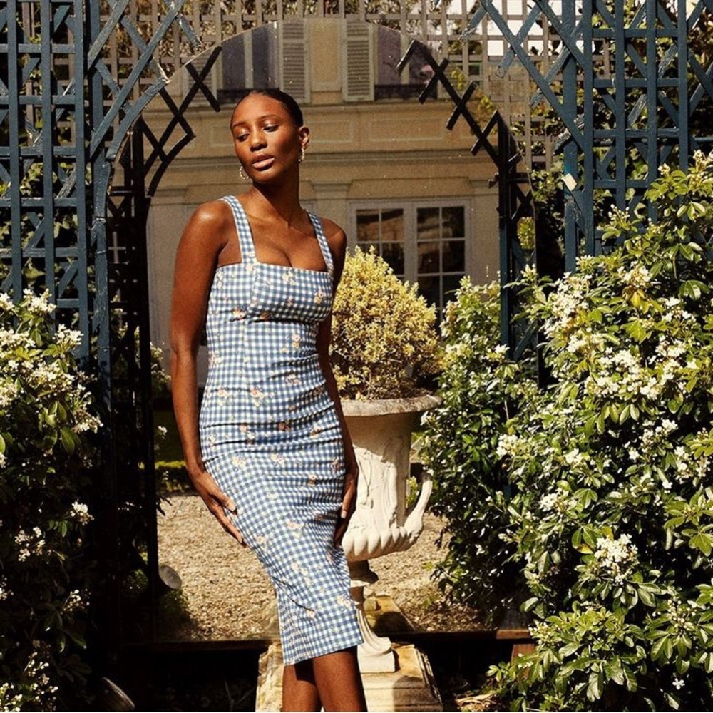 Rouje Blue Gingham Midi Dress with White Floral Accents